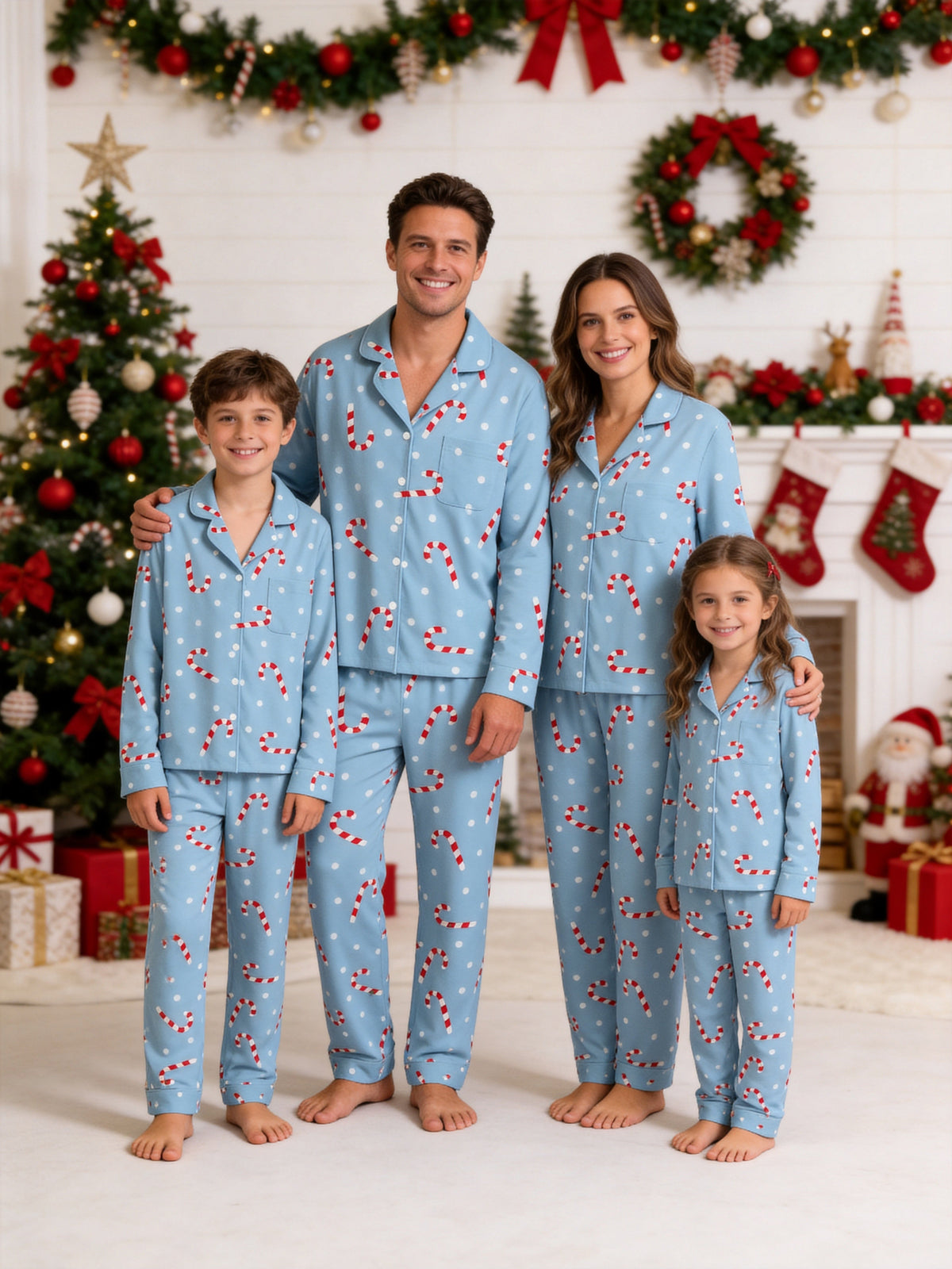 Candy Cane and Polka Dot Print Matching Couple Christmas Pajamas Blue PJs