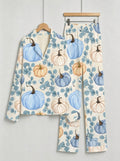 Elegant Blue and Cream Pumpkins with Eucalyptus Leaves Print Family Sleepwear