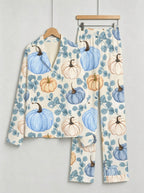 Elegant Blue and Cream Pumpkins with Eucalyptus Leaves Print Couple Sleepwear