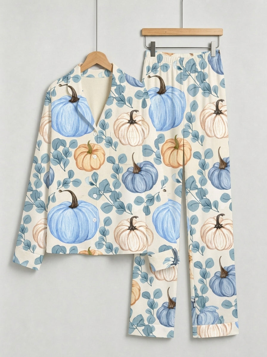 Elegant Blue and Cream Pumpkins with Eucalyptus Leaves Print Couple Sleepwear