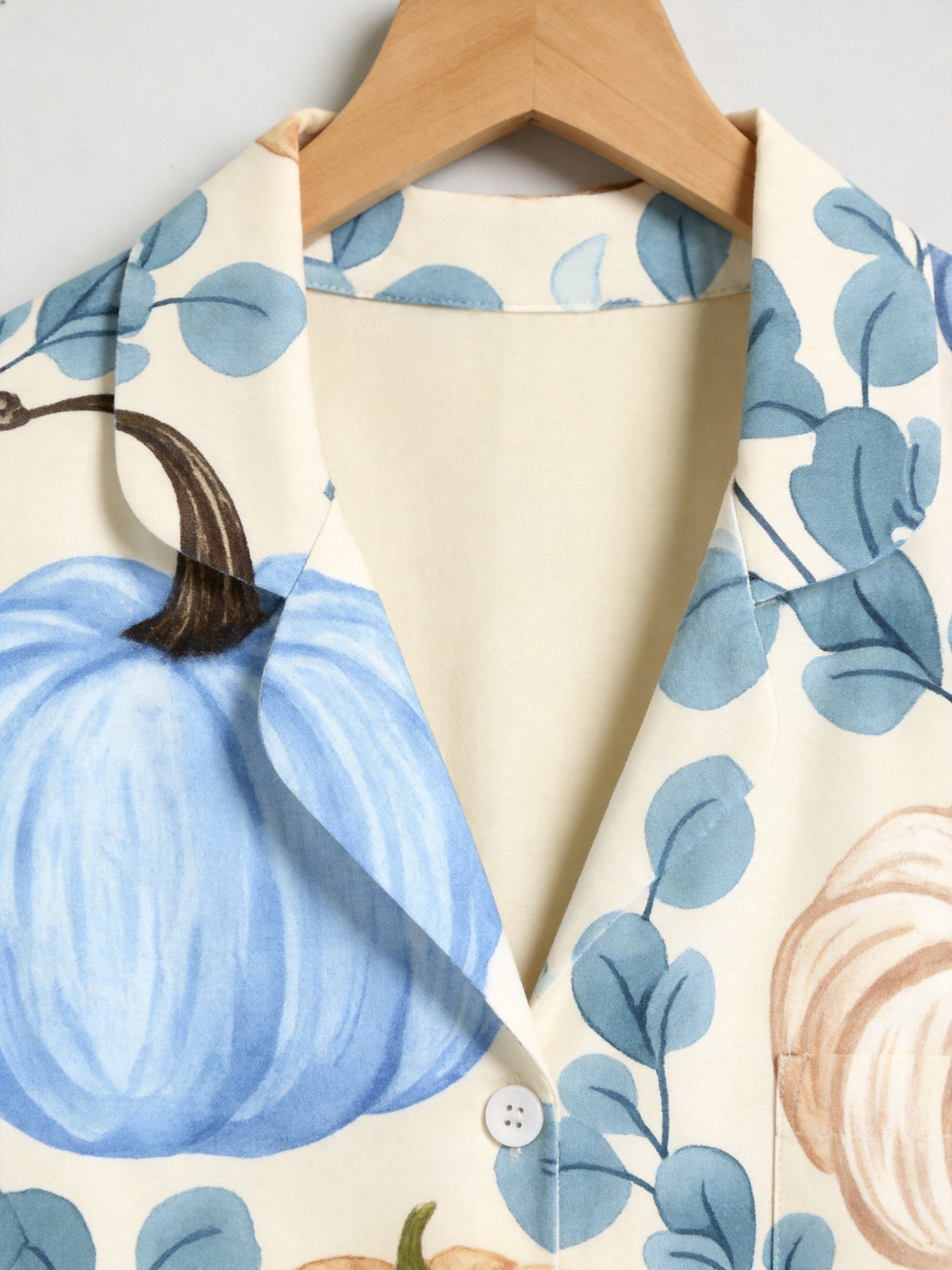 Elegant Blue and Cream Pumpkins with Eucalyptus Leaves Print Couple Sleepwear