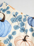 Elegant Blue and Cream Pumpkins with Eucalyptus Leaves Print Couple Sleepwear