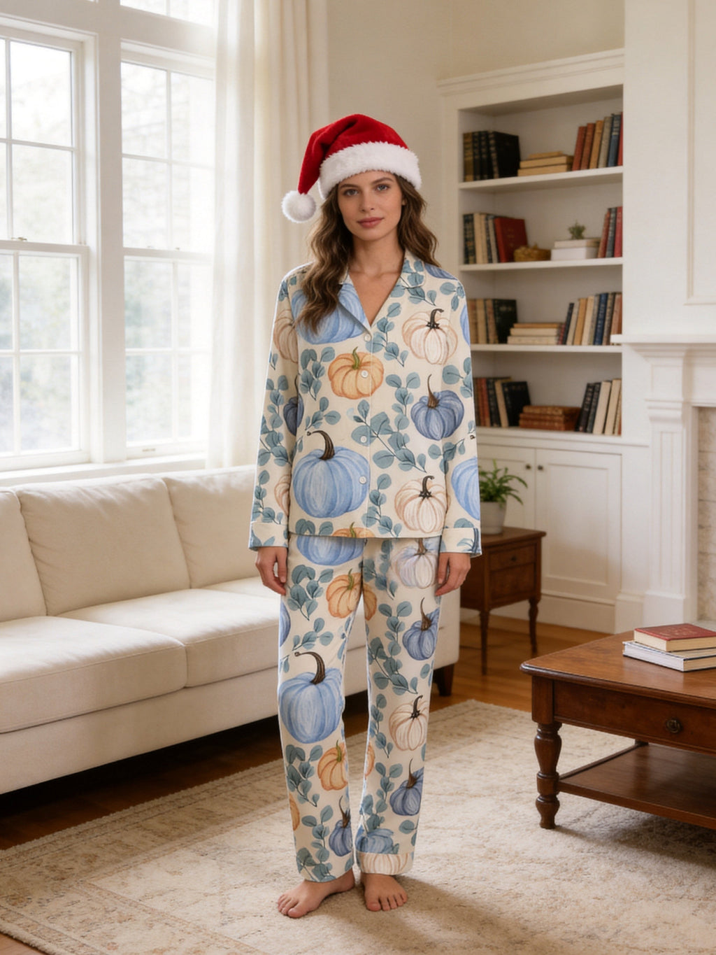 Elegant Blue and Cream Pumpkins with Eucalyptus Leaves Print Couple Sleepwear
