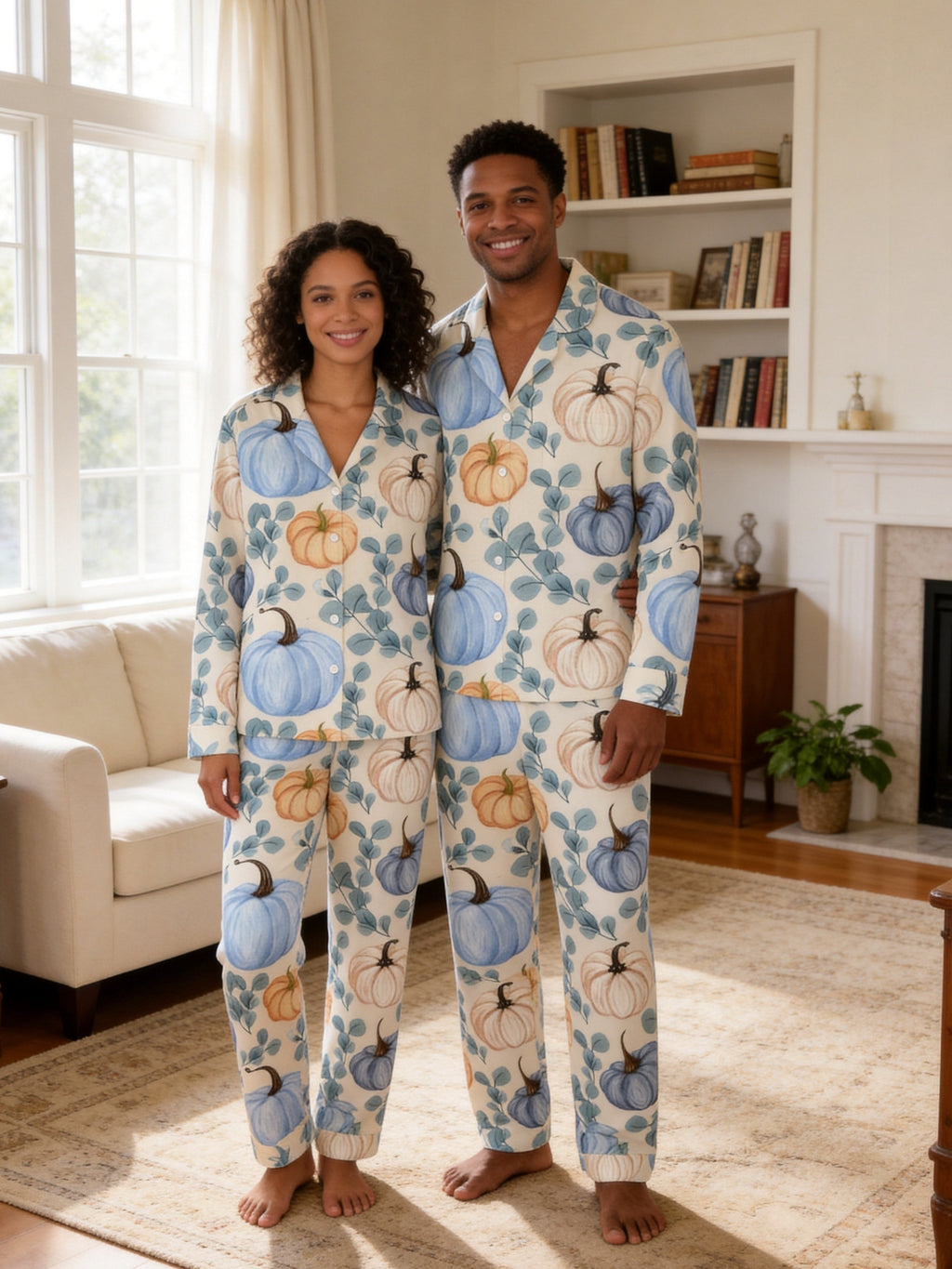 Elegant Blue and Cream Pumpkins with Eucalyptus Leaves Print Family Sleepwear