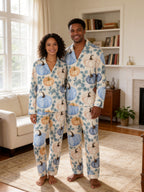 Elegant Blue and Cream Pumpkins with Eucalyptus Leaves Print Family Sleepwear