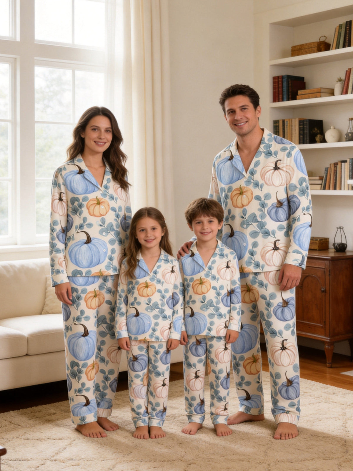 Elegant Blue and Cream Pumpkins with Eucalyptus Leaves Print Couple Sleepwear