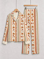 Vintage Autumn Pumpkin Harvest and Fall Leaves Stripe Print Matching Couple Pajamas Set