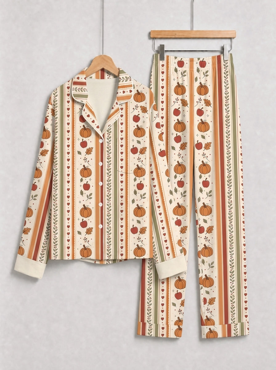 Vintage Autumn Pumpkin Harvest and Fall Leaves Stripe Print Matching Family Pajamas Set