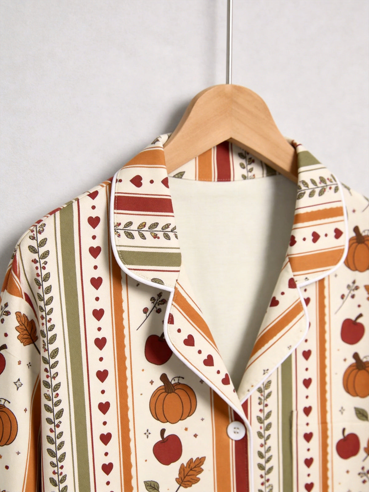 Vintage Autumn Pumpkin Harvest and Fall Leaves Stripe Print Matching Family Pajamas Set