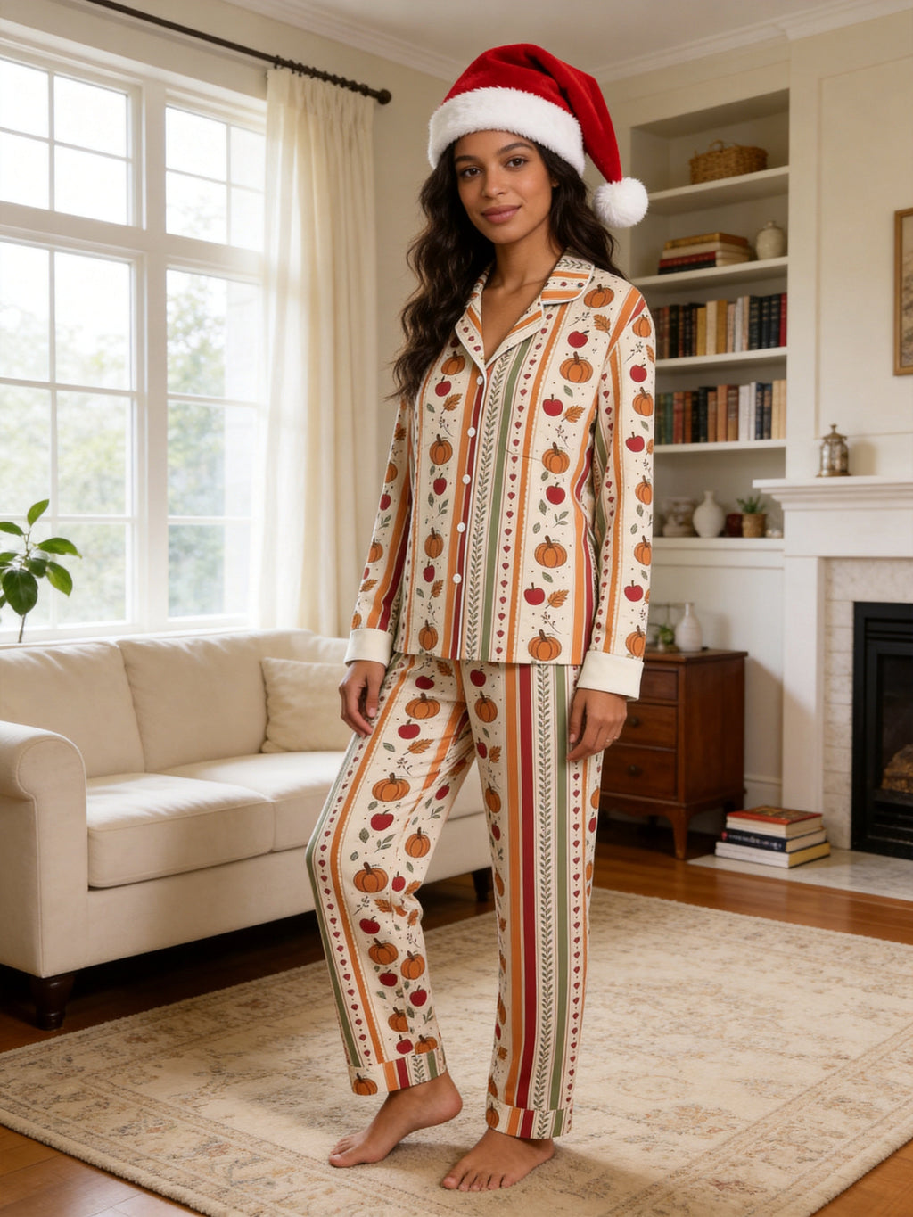 Vintage Autumn Pumpkin Harvest and Fall Leaves Stripe Print Matching Couple Pajamas Set