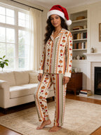 Vintage Autumn Pumpkin Harvest and Fall Leaves Stripe Print Matching Couple Pajamas Set