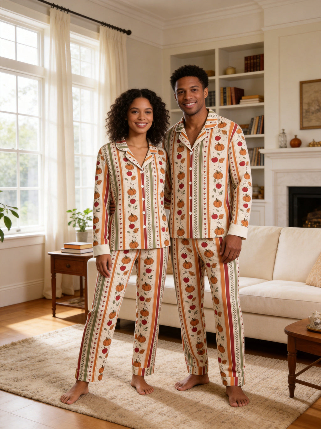 Vintage Autumn Pumpkin Harvest and Fall Leaves Stripe Print Matching Couple Pajamas Set