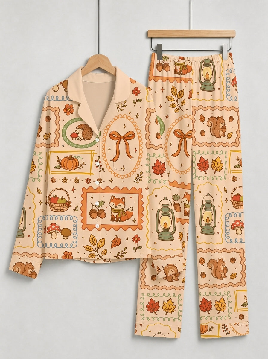 Cozy Autumn Woodland Animals Foxes and Lanterns Print Couple Holiday Sleepwear