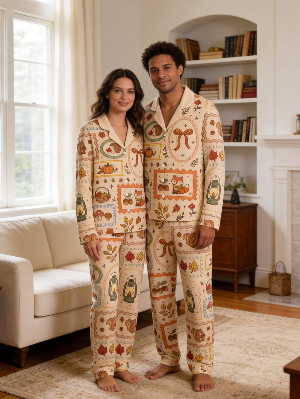 Cozy Autumn Woodland Animals Foxes and Lanterns Print Family Holiday Sleepwear