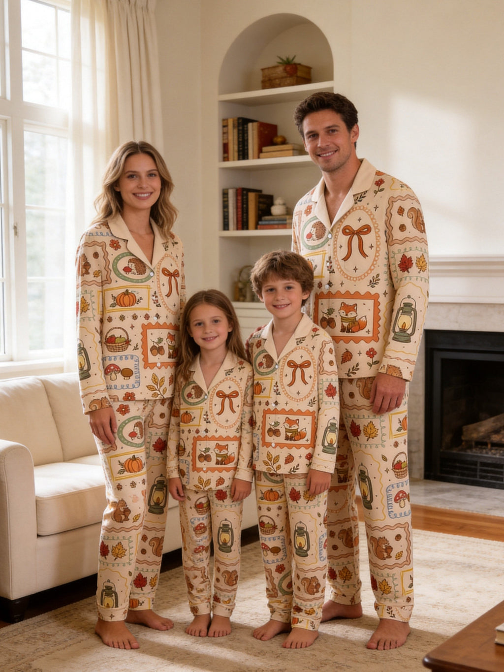 Cozy Autumn Woodland Animals Foxes and Lanterns Print Couple Holiday Sleepwear