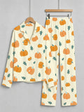 Cute Orange Pumpkins and Fall Foliage Print Matching Couple Sleepwear PJs