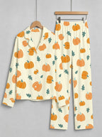Cute Orange Pumpkins and Fall Foliage Print Matching Couple Sleepwear PJs