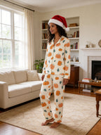 Cute Orange Pumpkins and Fall Foliage Print Matching Couple Sleepwear PJs