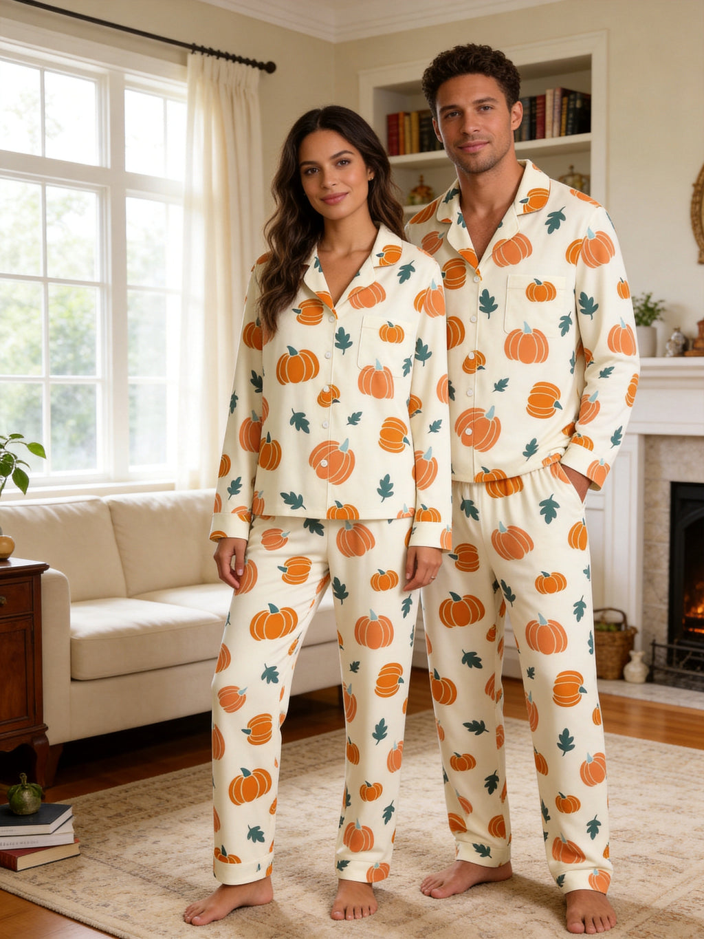 Cute Orange Pumpkins and Fall Foliage Print Matching Family Sleepwear PJs