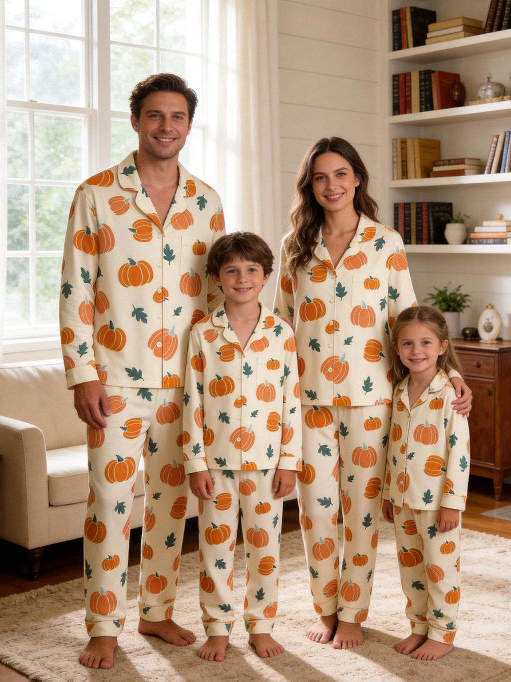 Cute Orange Pumpkins and Fall Foliage Print Matching Couple Sleepwear PJs