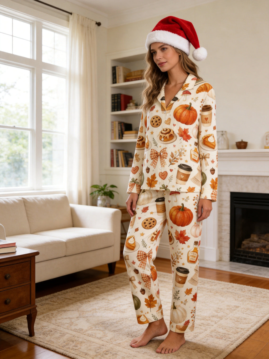 Fall Pumpkin Spice Latte, Cinnamon Rolls and Autumn Treats Print Couple Pyjamas