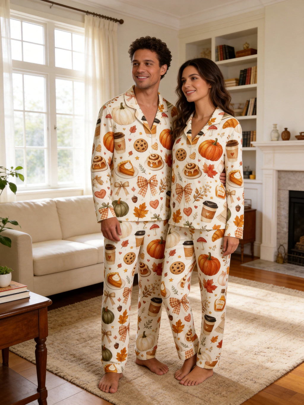 Fall Pumpkin Spice Latte, Cinnamon Rolls and Autumn Treats Print Couple Pyjamas