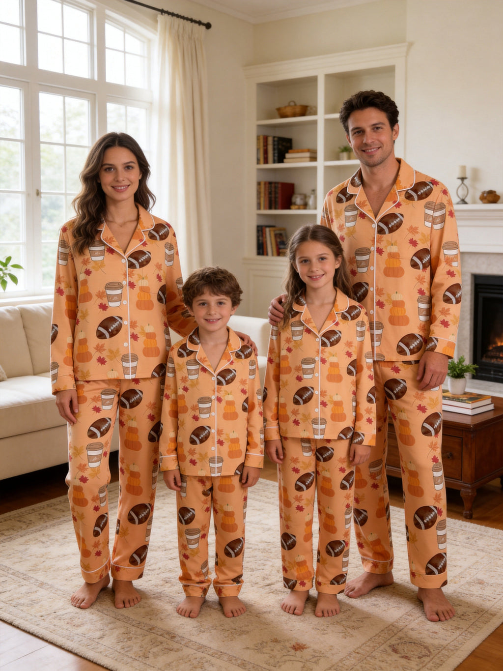Football Season and Coffee Fall Themed Print Matching Couple Pajama Set