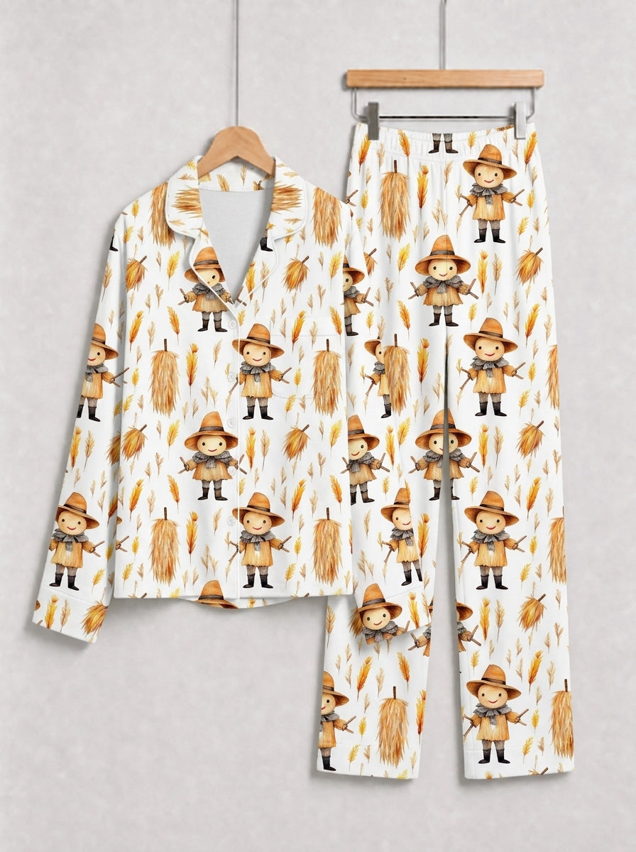 Cute Scarecrow and Harvest Wheat Thanksgiving Print Family Matching Sleepwear