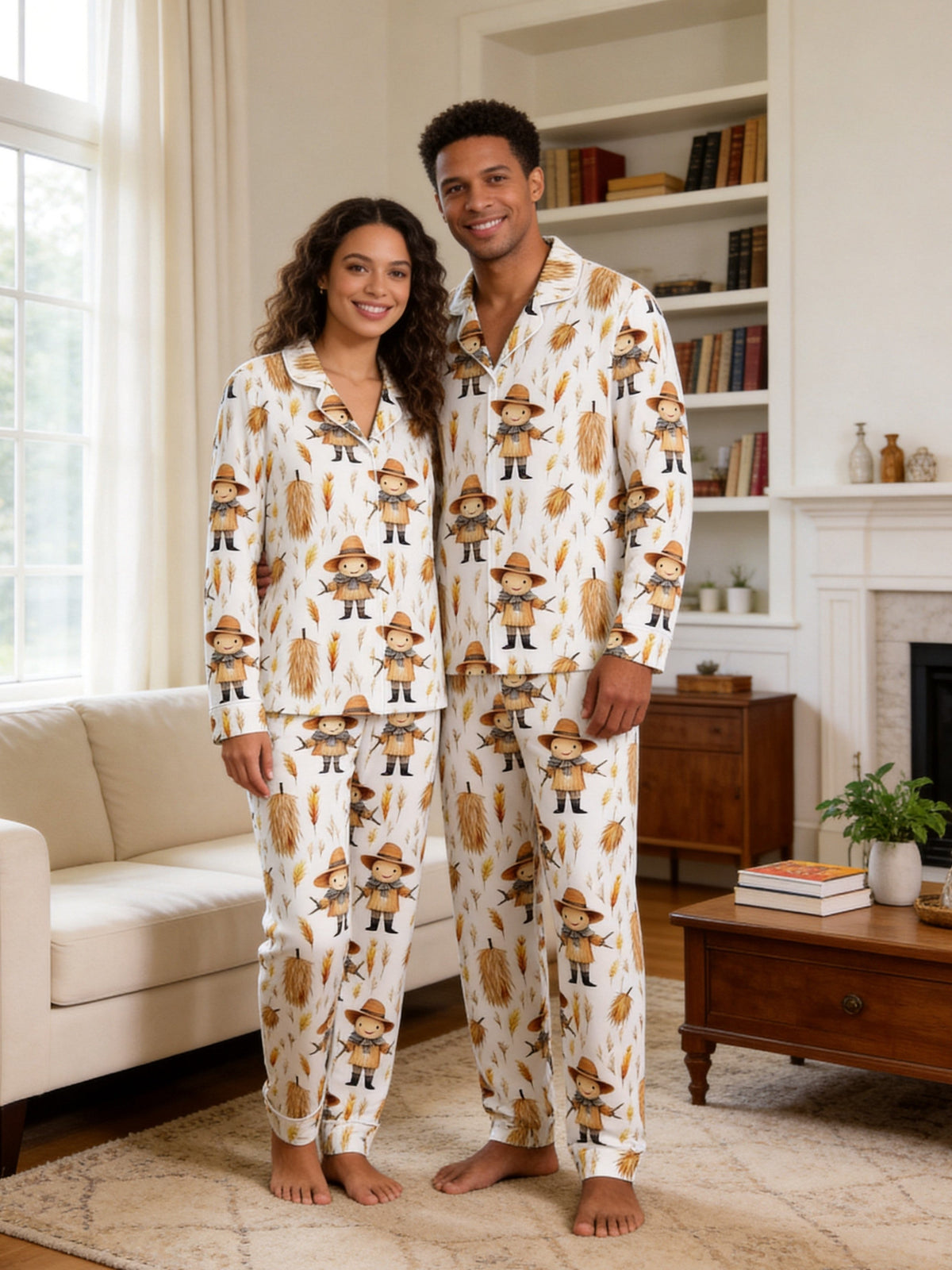 Cute Scarecrow and Harvest Wheat Thanksgiving Print Couple Matching Sleepwear
