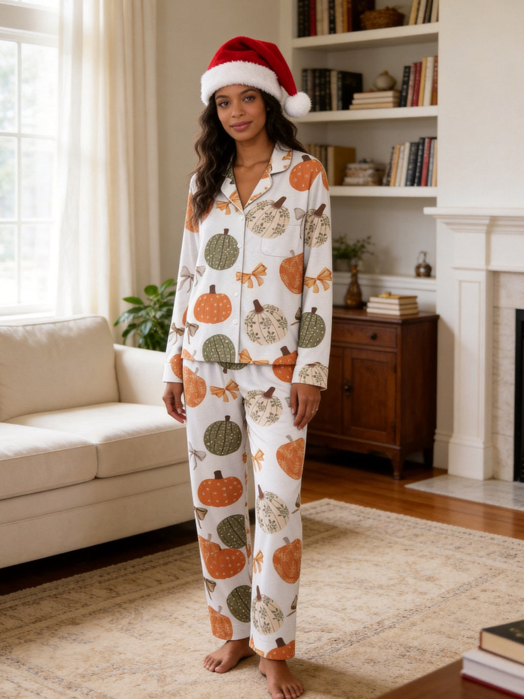 Rustic Pastel Pumpkins and Bows Autumn Print Couple Holiday Pyjamas