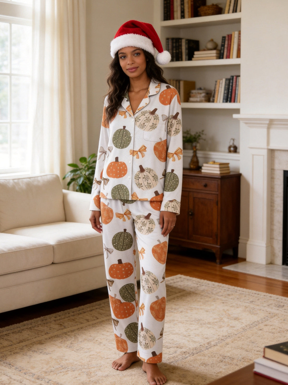 Rustic Pastel Pumpkins and Bows Autumn Print Couple Holiday Pyjamas