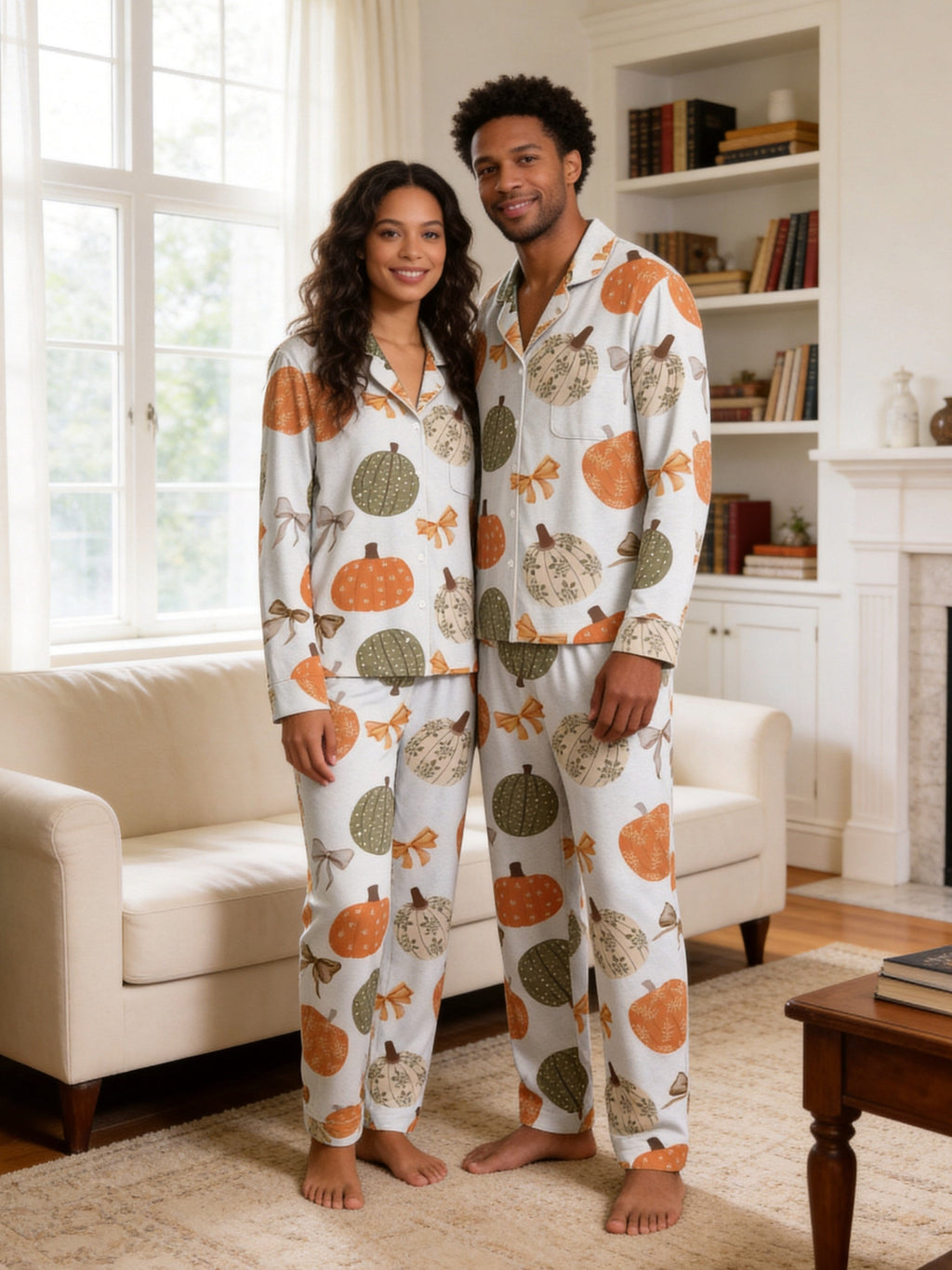 Rustic Pastel Pumpkins and Bows Autumn Print Couple Holiday Pyjamas