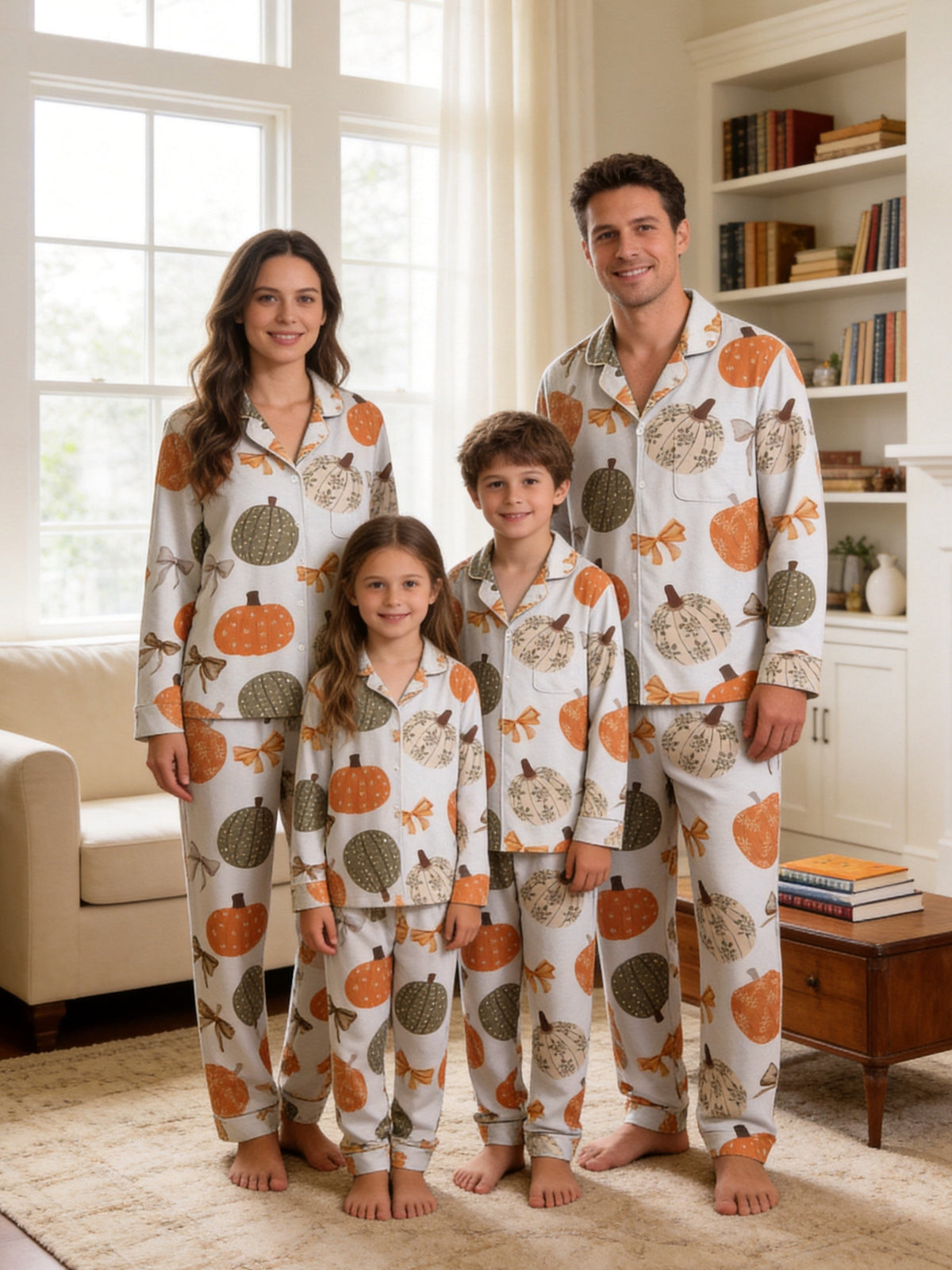Rustic Pastel Pumpkins and Bows Autumn Print Family Holiday Pyjamas
