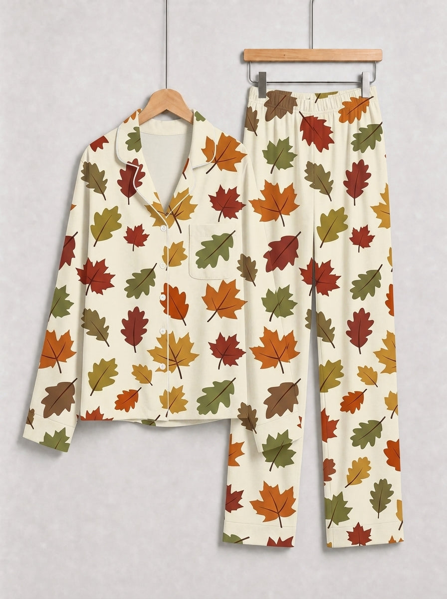 Classic Colorful Fall Maple Leaves Pattern Print Matching Family Sleepwear