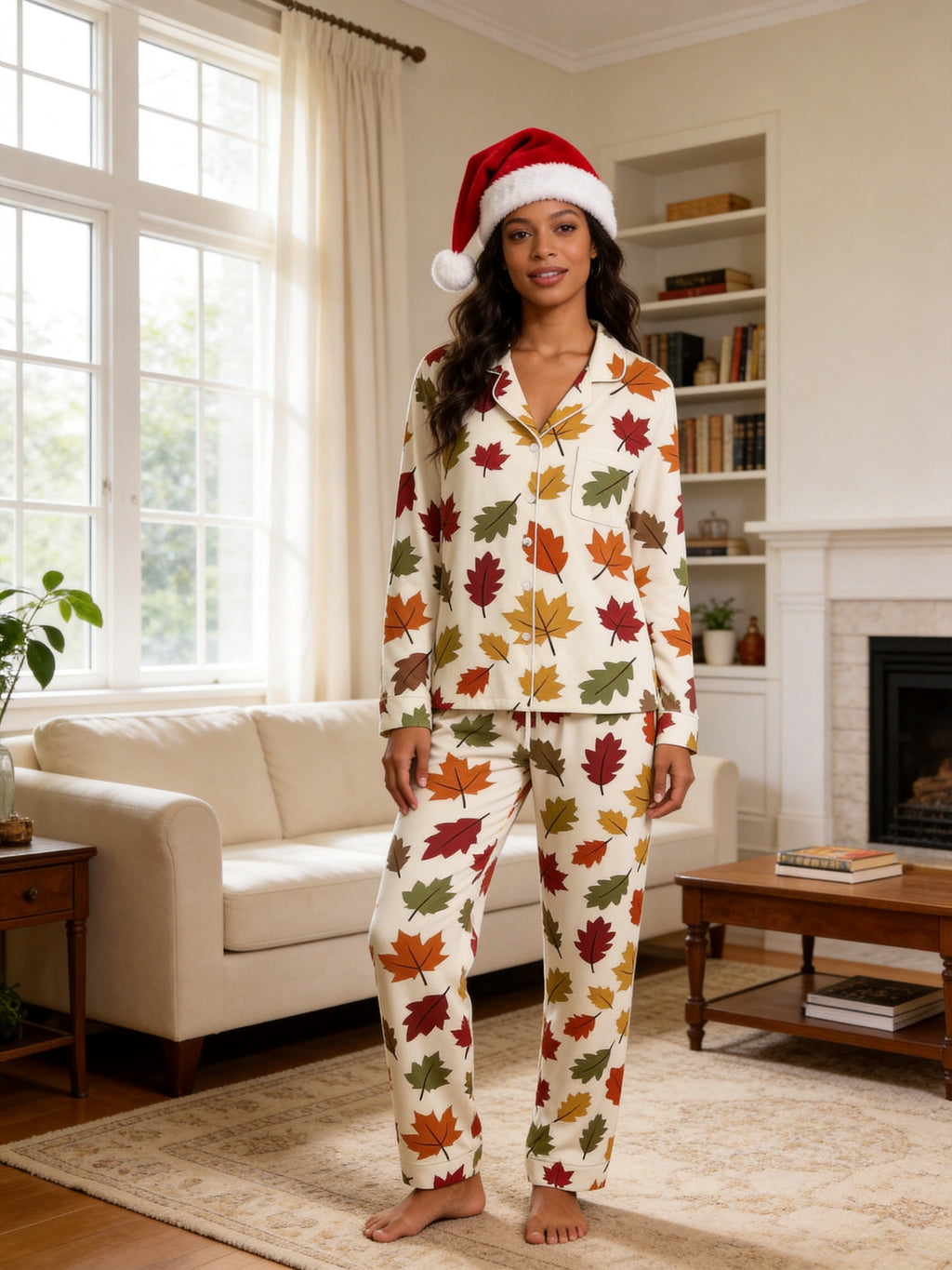 Classic Colorful Fall Maple Leaves Pattern Print Matching Couple Sleepwear