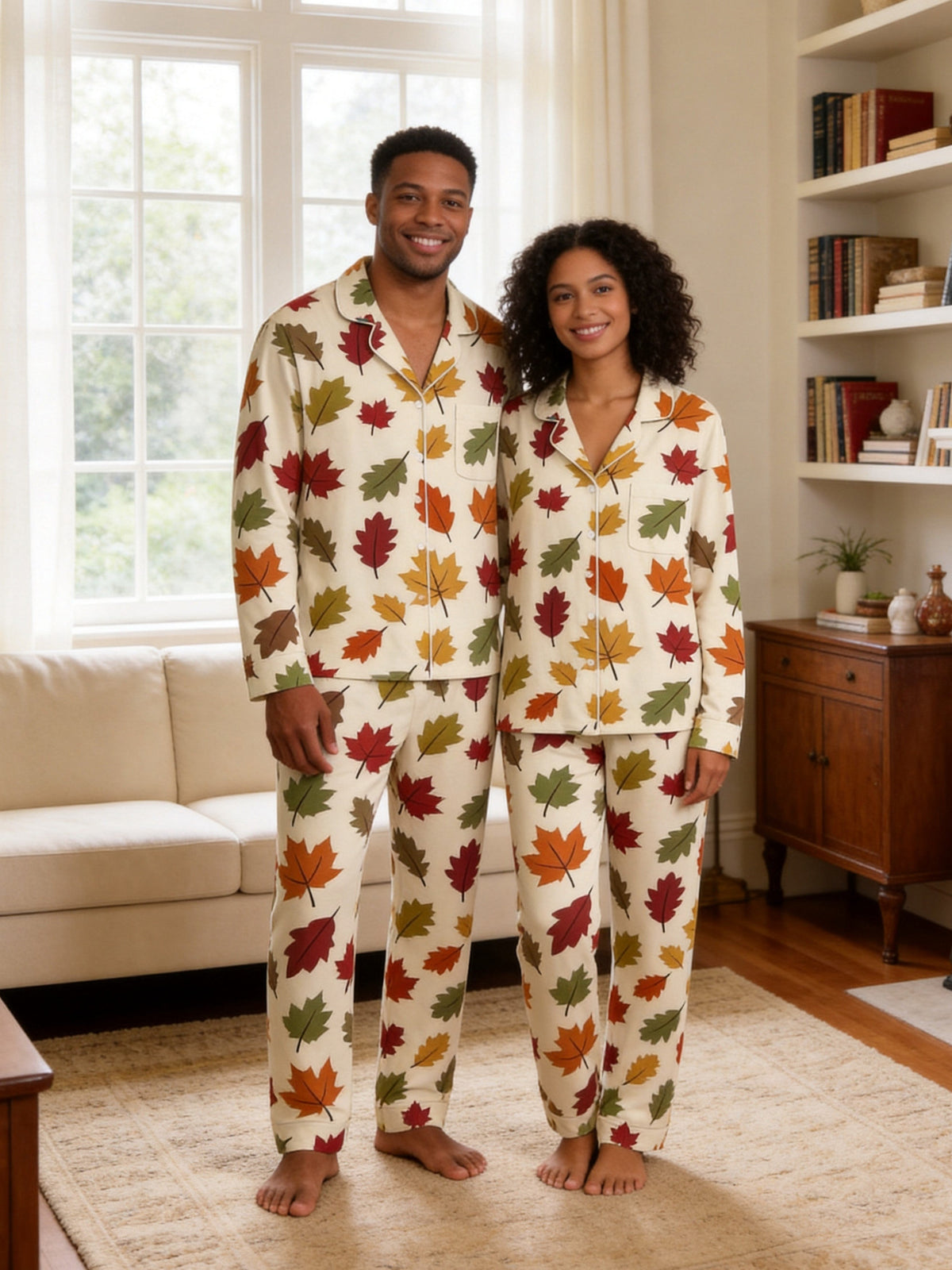 Classic Colorful Fall Maple Leaves Pattern Print Matching Family Sleepwear