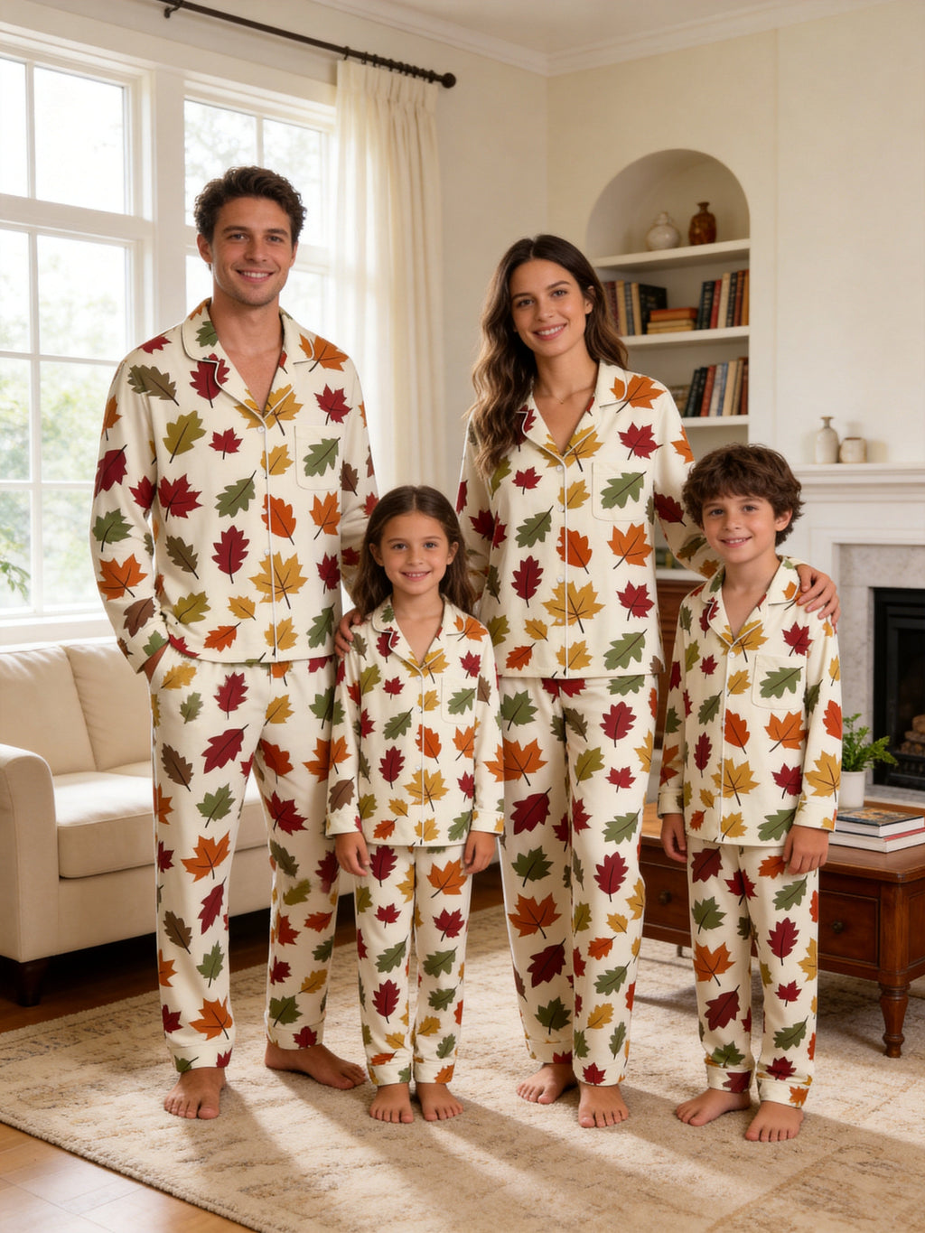 Classic Colorful Fall Maple Leaves Pattern Print Matching Family Sleepwear