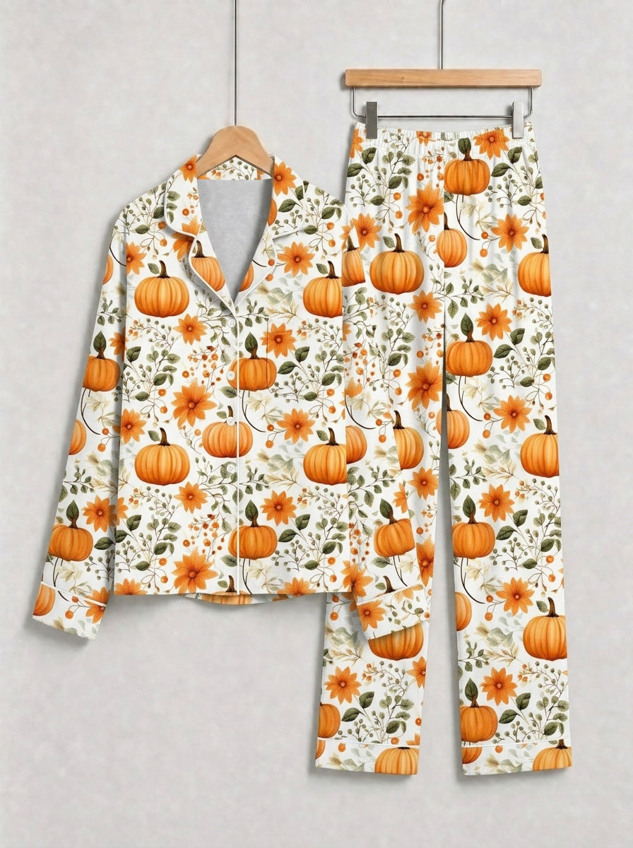 Autumn Harvest Orange Pumpkins and Fall Sunflowers Print Family Sleepwear PJs