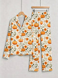Autumn Harvest Orange Pumpkins and Fall Sunflowers Print Couple Sleepwear PJs