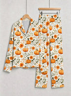 Autumn Harvest Orange Pumpkins and Fall Sunflowers Print Couple Sleepwear PJs