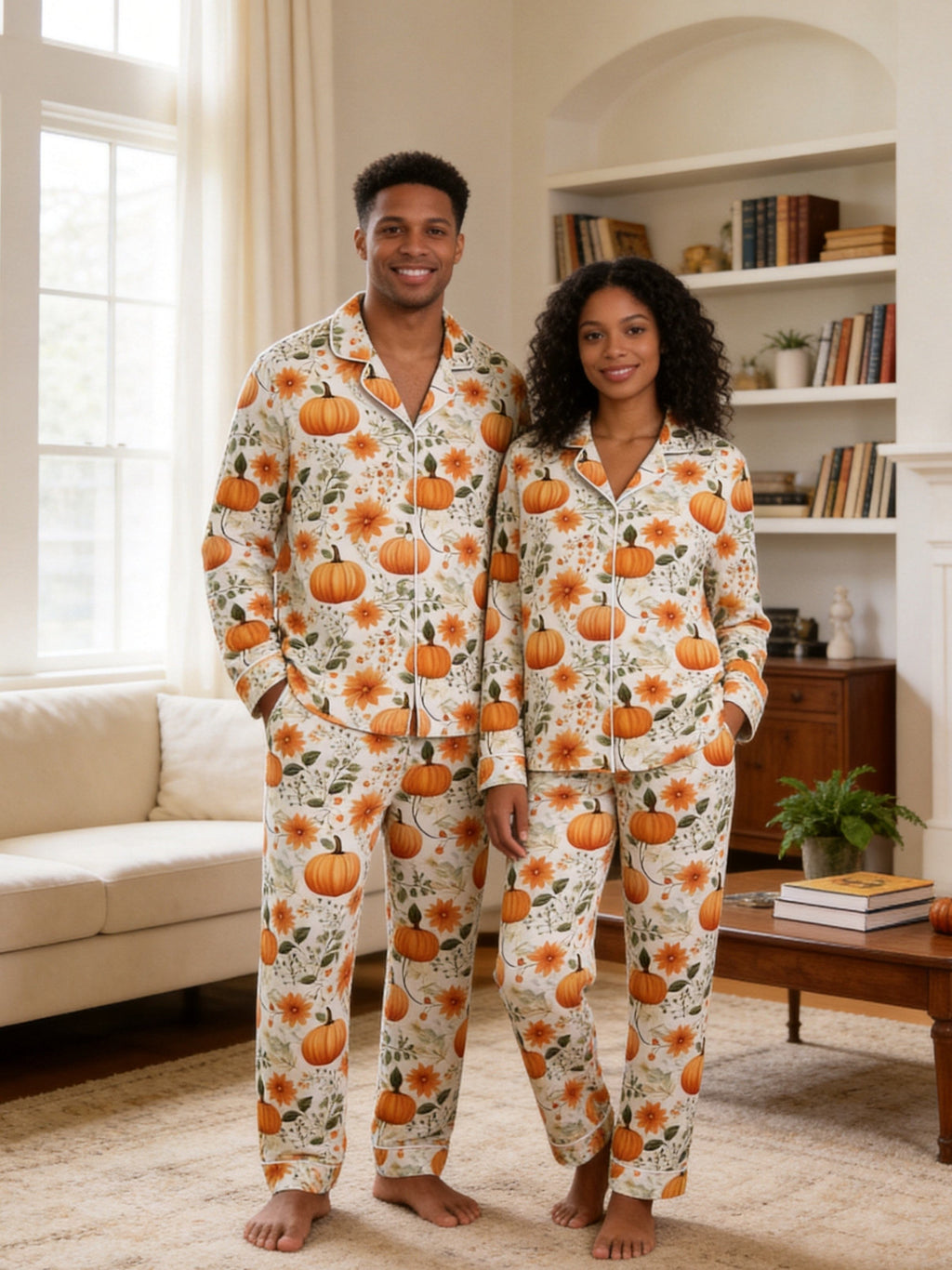 Autumn Harvest Orange Pumpkins and Fall Sunflowers Print Family Sleepwear PJs
