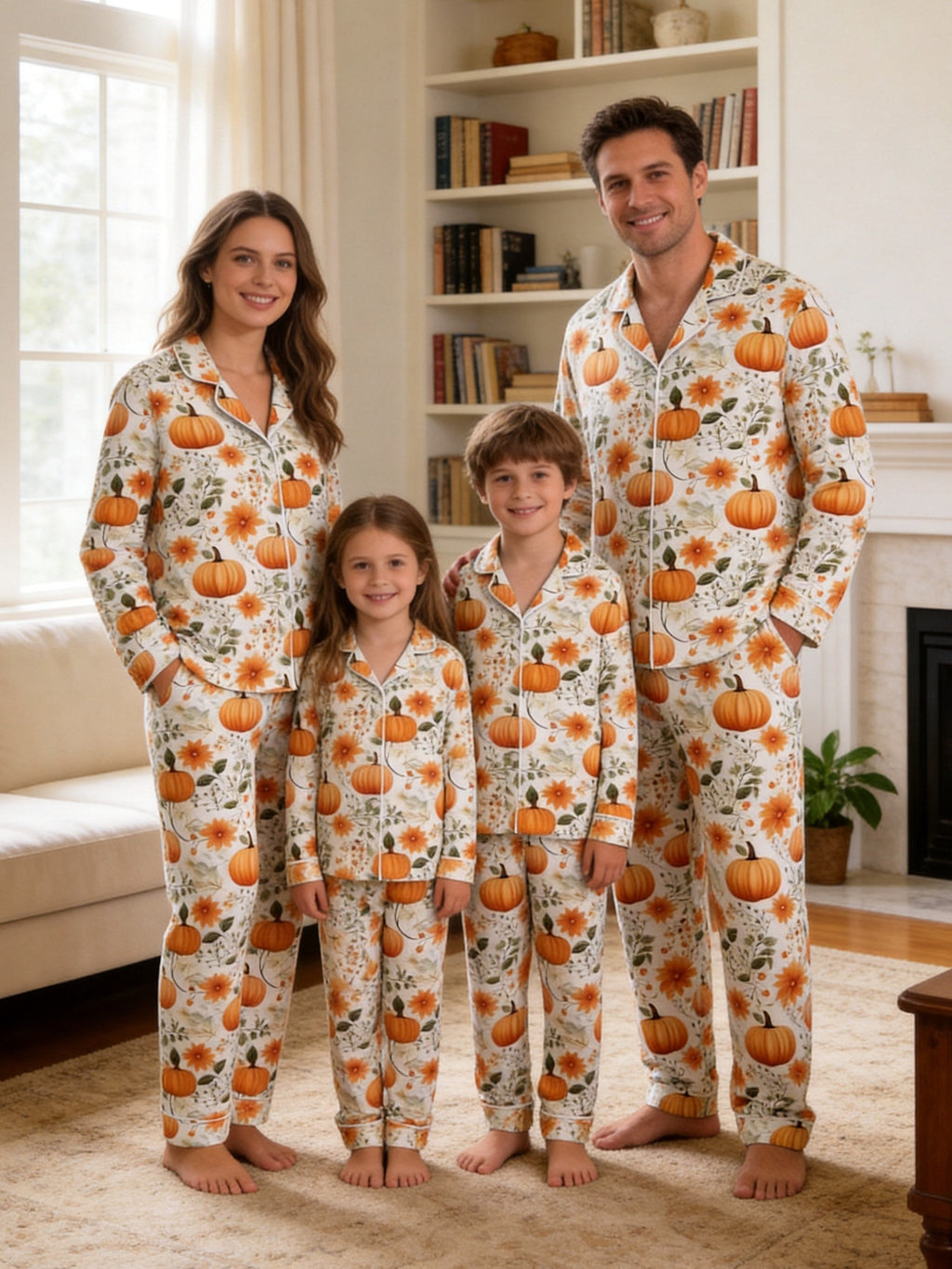 Autumn Harvest Orange Pumpkins and Fall Sunflowers Print Couple Sleepwear PJs