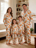 Autumn Harvest Orange Pumpkins and Fall Sunflowers Print Couple Sleepwear PJs