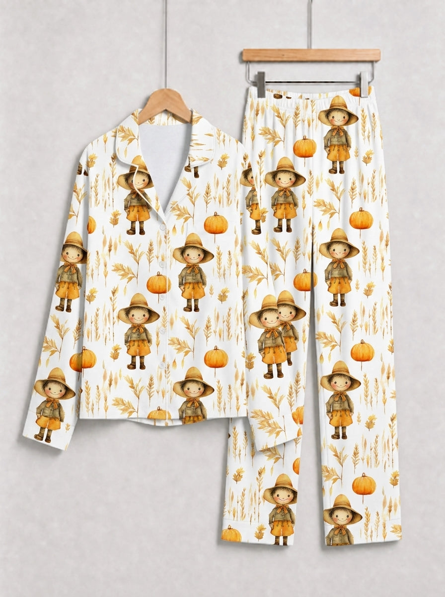 Cute Scarecrow and Harvest Wheat Thanksgiving Print Couple Matching Pyjamas