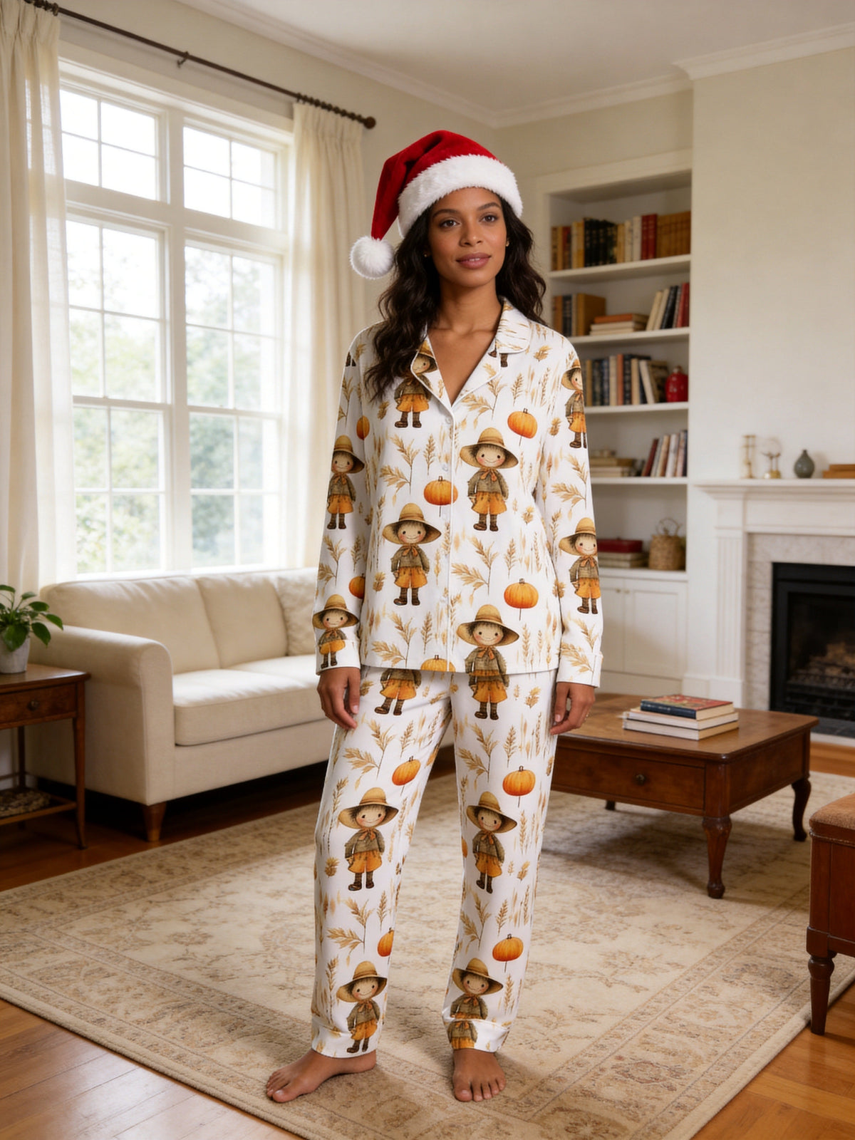 Cute Scarecrow and Harvest Wheat Thanksgiving Print Couple Matching Pyjamas
