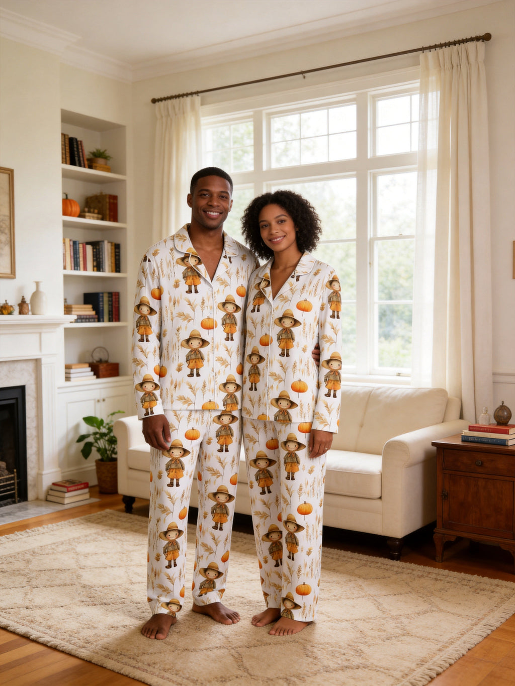Cute Scarecrow and Harvest Wheat Thanksgiving Print Couple Matching Pyjamas