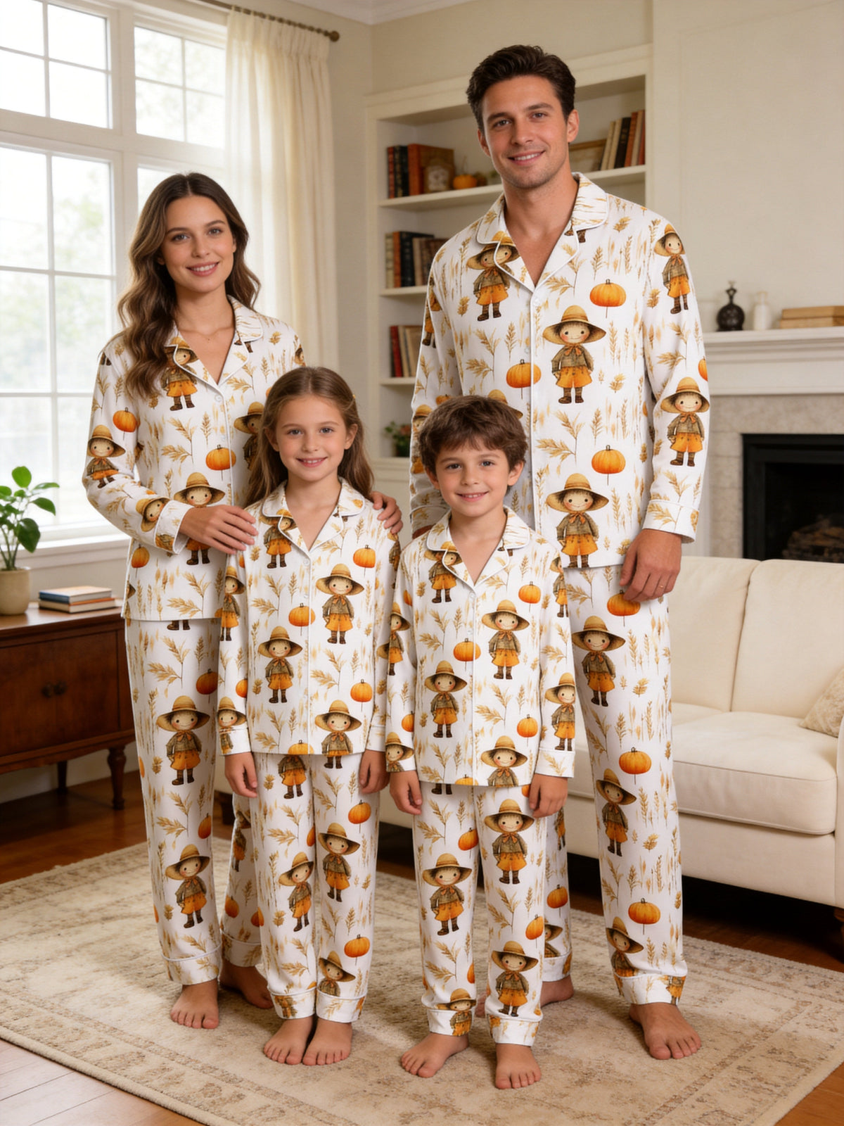 Cute Scarecrow and Harvest Wheat Thanksgiving Print Couple Matching Pyjamas
