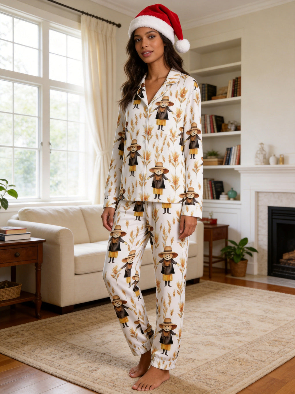 Rustic Scarecrow with Straw Hat and Cornfield Print Family Holiday Sleepwear Set