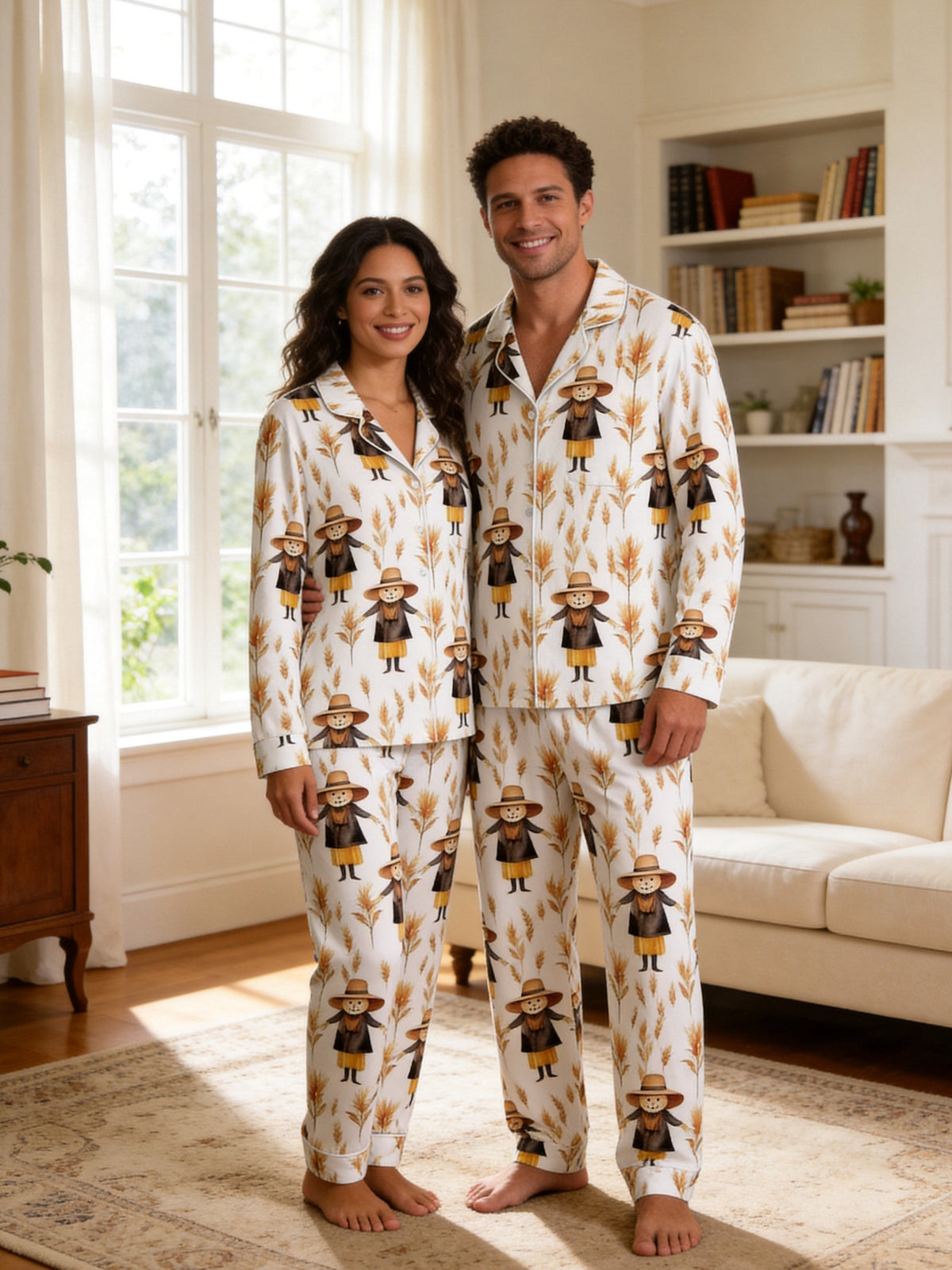 Rustic Scarecrow with Straw Hat and Cornfield Print Family Holiday Sleepwear Set