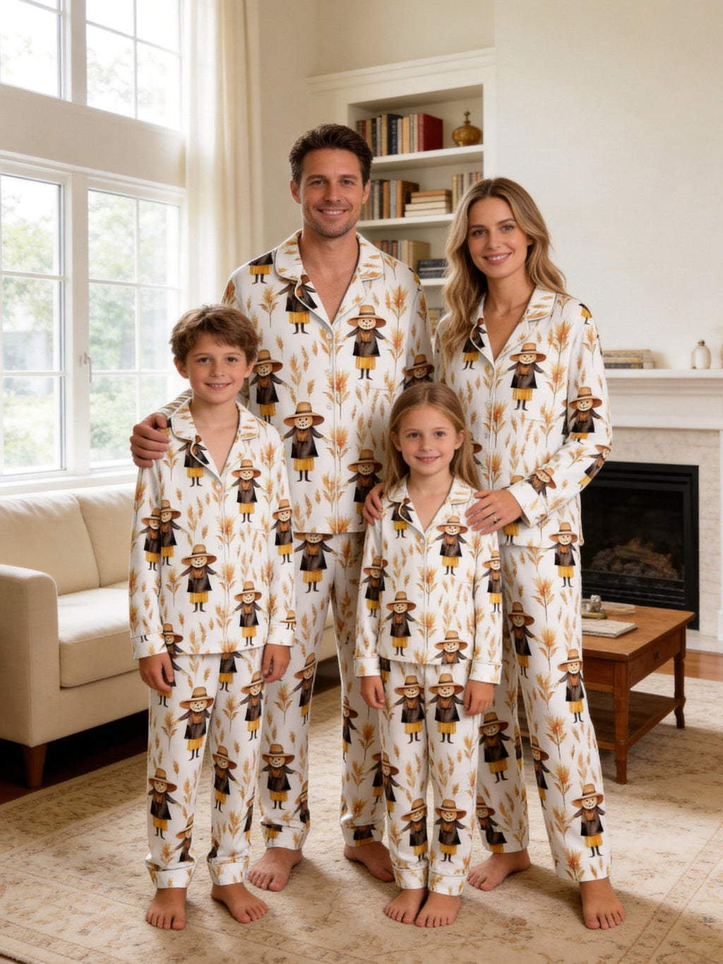 Rustic Scarecrow with Straw Hat and Cornfield Print Couple Holiday Sleepwear Set